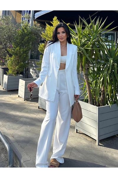 pembekurdelem White Single Button Women's Jacket and Pants Set
