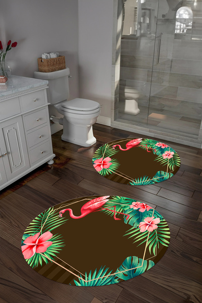 Napoli Home Digital Washable Colorful Flamingo Patterned Round Bath Mat Toilet Set, Toilet-67-Brown,