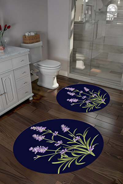 Napoli Home Σετ τουαλέτας με στρογγυλό χαλάκι μπάνιου με στάμπα με απλό σχέδιο λουλουδιών που πλένεται