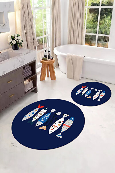 Napoli Home Ψηφιακό σετ τουαλέτας με πολύχρωμο σχέδιο ψαριού που πλένεται με στρογγυλό χαλάκι μπάνιου