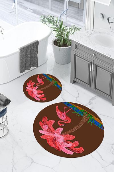 Napoli Home Digital Washable Plain Flamingo Patterned Round Bath Mat Toilet Set, Toilet-91-Brown,