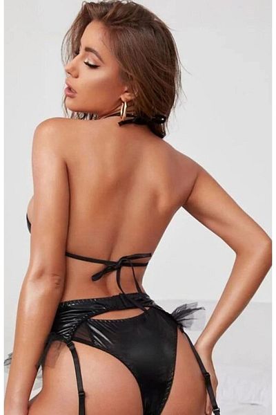 Qvien Secret New Model Lame Leather Fancy Women's Black Garter Suit