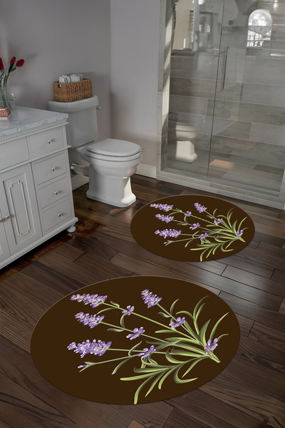 Napoli Home Σετ τουαλέτας με στρογγυλό χαλάκι μπάνιου με στάμπα με απλό σχέδιο λουλουδιών που πλένεται