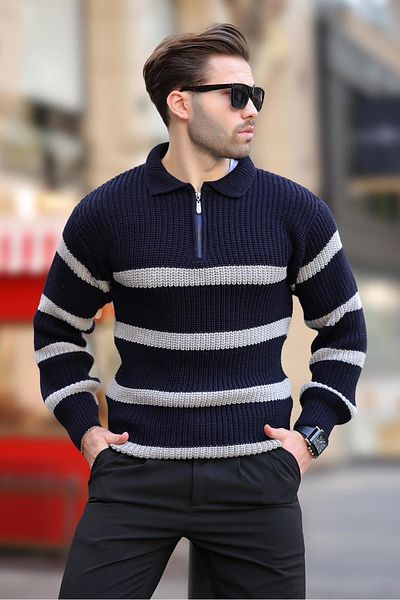 Madmext Μακρυμάνικο πουλόβερ Navy Blue με φερμουάρ Polo γιακά ριγέ 7283