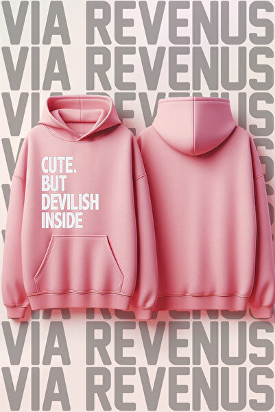 Vordevia سويت شيرت وردي بغطاء للرأس - طباعة تشيوت و ديابولو، مقاس واسع، 3 خيو...