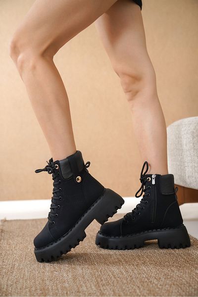 GOFFSHOES Cizme negre de damă - model Oxta, talpă plată și cu șireturi