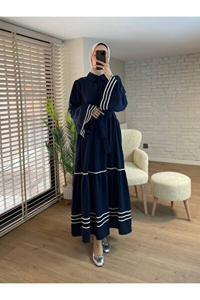 Modamorfo Φόρεμα με κεντημένα μέρη στα μανίκια και την φούστα - Ναυτικό