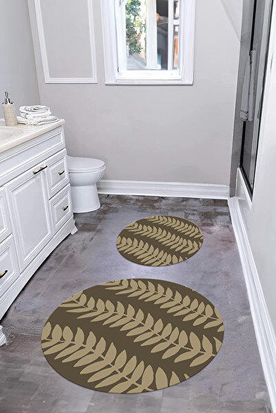 Napoli Home Σετ τουαλέτας με στρογγυλό χαλάκι μπάνιου με μοτίβο φύλλων με αντιολισθητική βάση που πλένεται