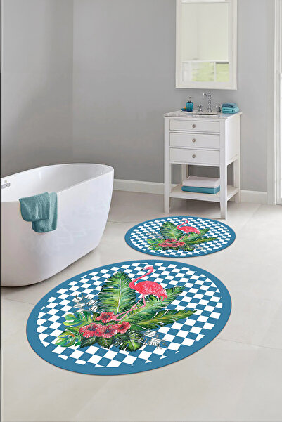 Napoli Home Set de scaune pentru toaletă cu covoraș rotund pentru baie, lavabil digital, cu bază anti-alunecare, cu model flamingo