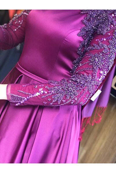 Katre Kenzel Plus Size Satin Evening Dress with Stone Embroidered Sleeves