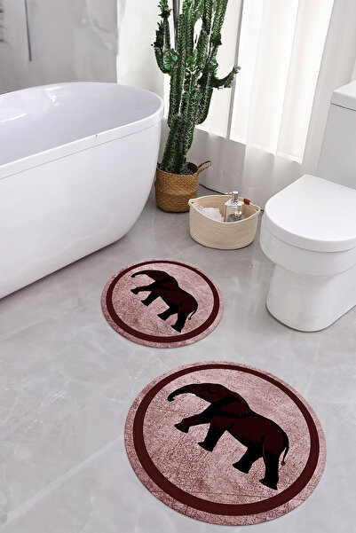 Napoli Home Printed Washable Non-Slip Base Round Bath Mat Toilet Set with Elephant Figure