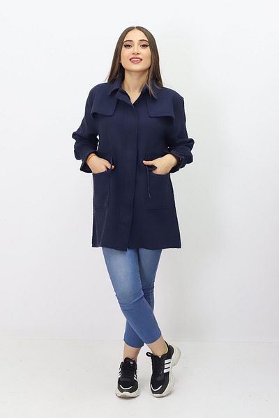 Kamex Women's Woven Pocket Detailed Trench Coat Navy Blue