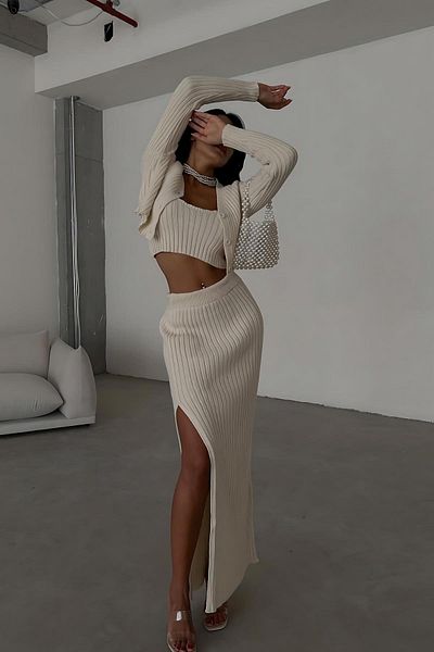 Moda Zeyn Γυναικεία Σετ Πλεκτά Ζακέτα Crop Φούστα 3 τεμαχίων