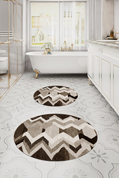 Napoli Home Ψηφιακό πλενόμενο αντιολισθητικό σετ καθίσματος τουαλέτας με στρογγυλό χαλάκι μπάνιου μοντέλο ζιγκ-ζαγκ