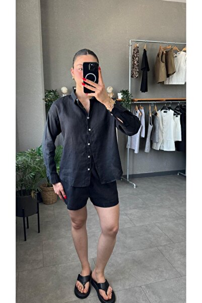 YOUR NAME Μαύρο λινό - oversized Γυναικείο πουκάμισο