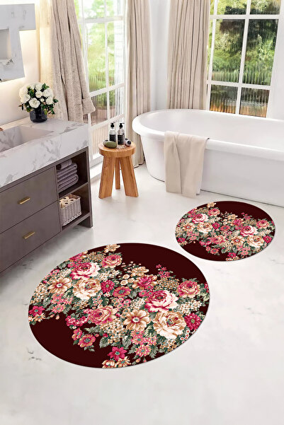 Napoli Home Digital Washable Colorful Floral Pattern Round Bath Mat Toilet Set