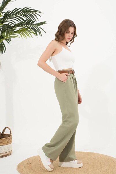 Ravencia Жіночі брюки палаццо кольору хакі - з поясом і складками