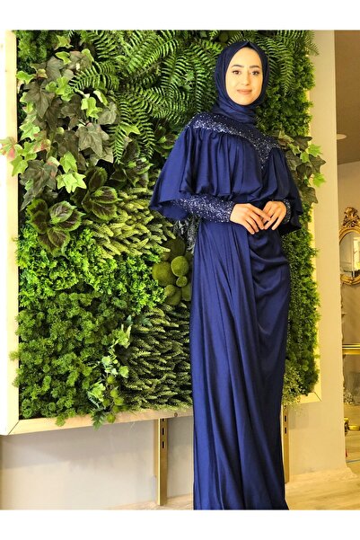 Katre Kenzel Satin Collar and Stone Sleeves Evening Dress
