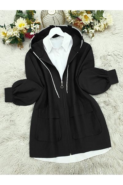 Modamorfo Bag Pocket Hooded Zippered Trench Coat -Black