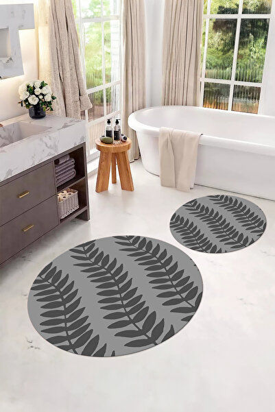 Napoli Home Σετ τουαλέτας με στρογγυλό χαλάκι μπάνιου με μοτίβο φύλλων με αντ...