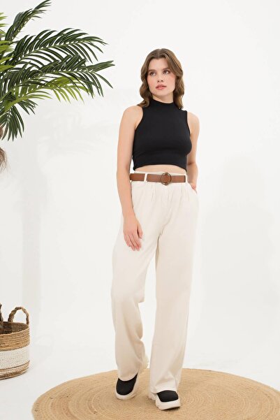 Ravencia Бежеві штани з поясом і складками Palazzo для жінок
