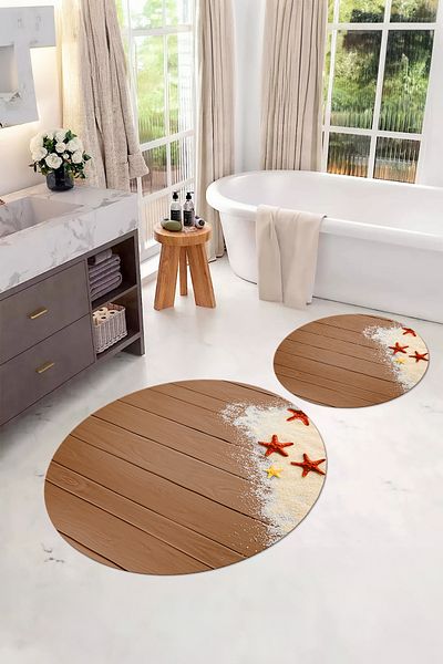 Napoli Home Set de scaune de toaletă rotundă pentru baie, lavabilă digitală, modernă, stea de mare, KLOZET-72-BROWN,