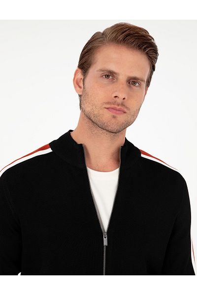 Pierre Cardin Black Slim Fit Wool Blended Zippered Knitwear Cardigan 50296447-Vr046