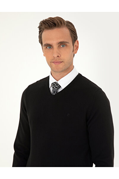 Pierre Cardin Black Slim Fit V-Neck Basic Sweater Sweater 50296583-Vr046