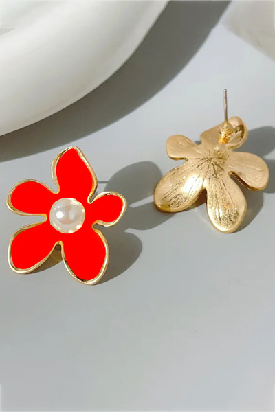 Glaren Flower with Pearls Red Color Women's Earrings
