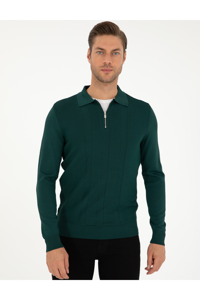 Pierre Cardin Yeşil Regular Fit Fermuarlı Polo Yaka Triko Kazak 50296453-VR054