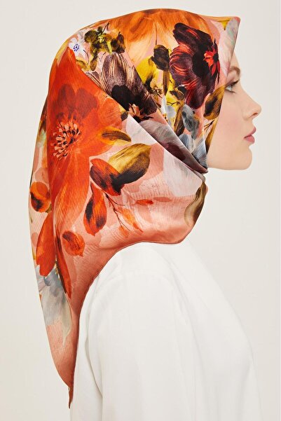 Armine Καφέ - Πορτοκαλί Μοτίβο Λουλούδια Μεταξωτό Φουλάρι Sura 9133 - 50