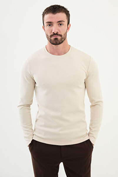 Mcr Tricou cu mânecă lungă pentru bărbați, cu mânecă lungă, cu decolteu crew, slim fit, bej - 36839.24K