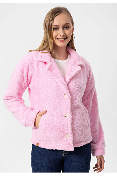 COOLHILL Rózsaszín 100% poliészter gombos női plüss dzseki
