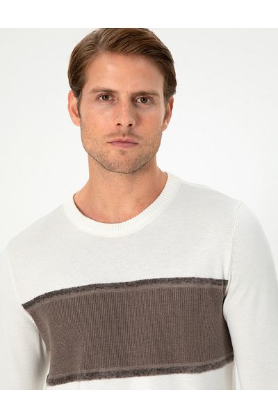 Pierre Cardin Ecru Slim Fit Crew Neck Wool Blended Sweater 50296439-Vr019