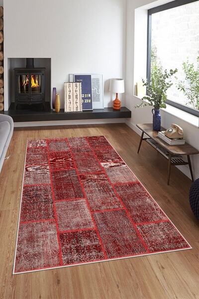 Pelangi Bordo Patchwork Kırkyama Desenli Yıkanabilir Kaymaz Taban Leke Tutmaz...