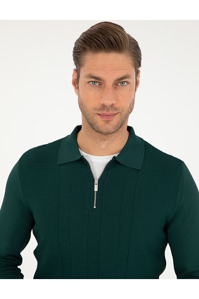 Pierre Cardin Green Regular Fit Zippered Polo Neck Knitwear Sweater 50296453-Vr054