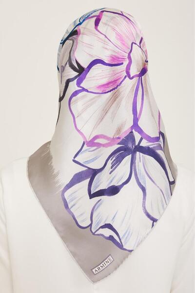 Armine Μεταξωτό μαντήλι Sura με γκρι λουλούδια 9110 - 35