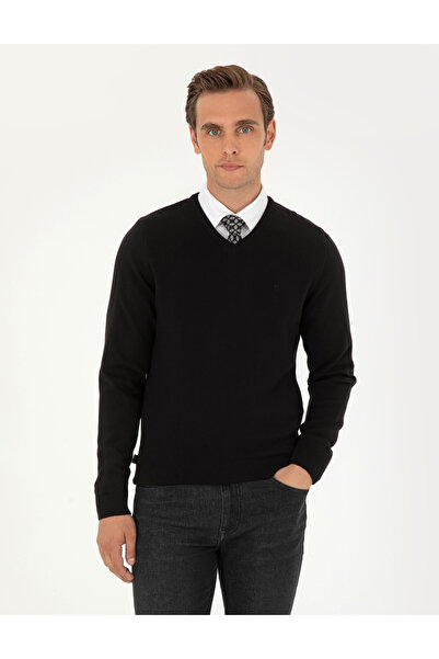 Pierre Cardin Black Slim Fit V-Neck Basic Sweater Sweater 50296583-Vr046