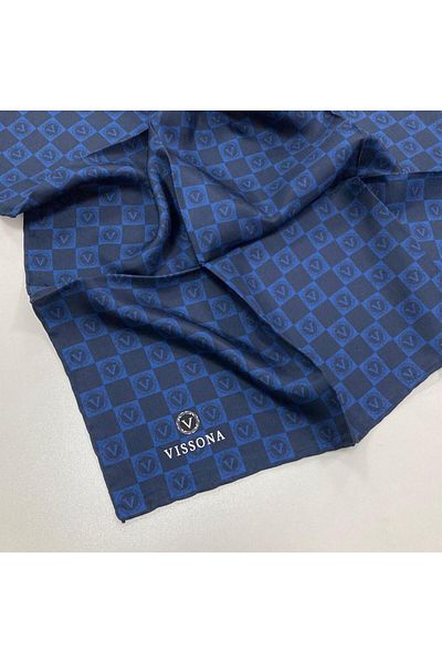 Vissona Navy Blue-3 Checkers Pattern Tivil Silk Scarf 51495-0033