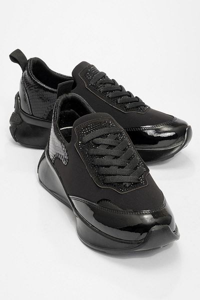 Ccway Stretch Women's Sneakers - Lace-Up and Stone Detail, Black