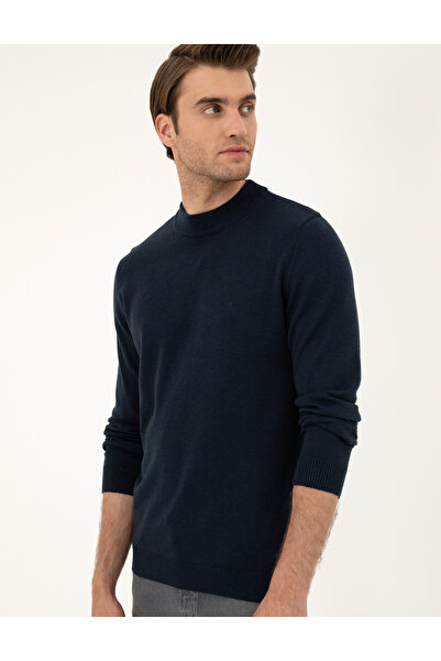 Pierre Cardin Navy Blue Melange Slim Fit Quarter Collar Basic Knitwear Sweater 50296564-Vr120