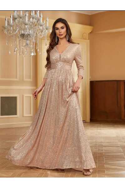 MODAS V YAKA UZUN KOLLU PUL PAYET ABİYE ELBİSE