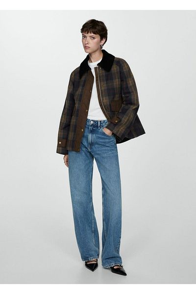 MANGO Woman Parka în carouri cu guler în contrast