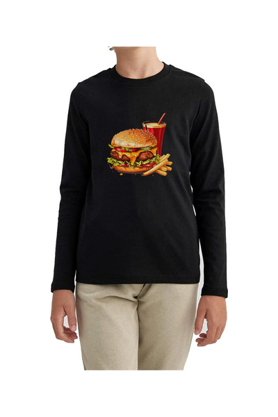 Texclusive تي شيرت أسود للأطفال بطبعة بطاطس همبرغر - كم طويل للجنسين