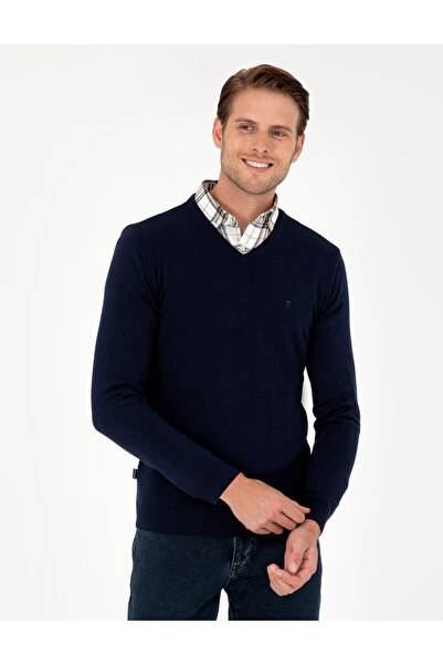 Pierre Cardin Pulover tricotat de bază, slim fit, cu decolteu în V, bleumarin...