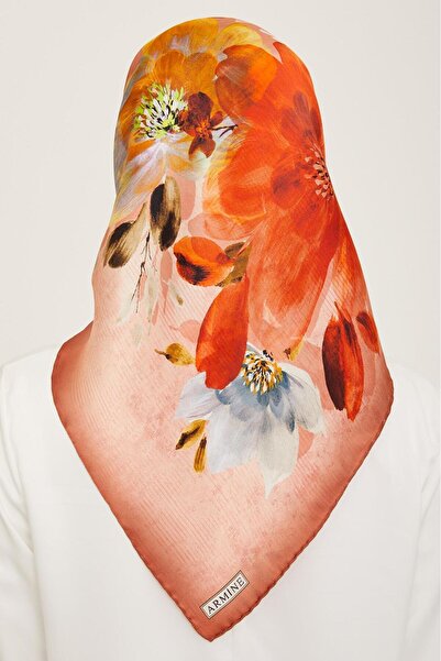 Armine Καφέ - Πορτοκαλί Μοτίβο Λουλούδια Μεταξωτό Φουλάρι Sura 9133 - 50