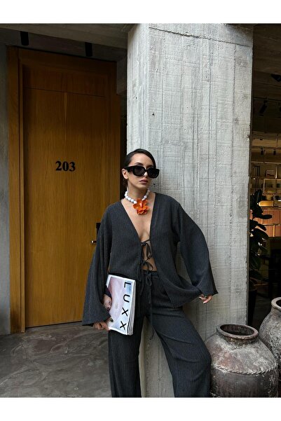 minaaise Γυναικεία μπλούζα κιμονό από ύφασμα ανθρακί τσαλακωμένο μπροστινό δέ...