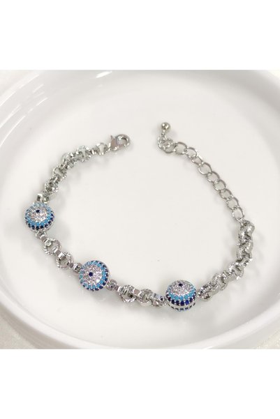 Güler Yüzlü Silver Fullyx Triple Social Eye Evil Eye Beaded Bracelet 17+5 cm Gold - White