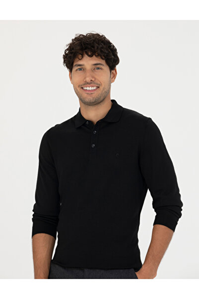 Pierre Cardin Siyah Regular Fit Polo Yaka Yün Karışımlı Basic Triko Kazak 50270051-VR046