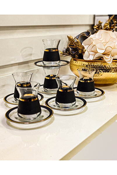 SEÇKİNEV Pasabahce Black Road - 12 Piece Genuine Gold Gilt Tea Set